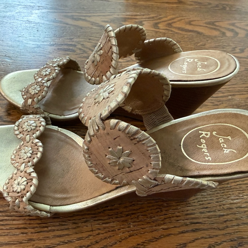 Jack Rogers Tan Braided Floral Wedge Sandals